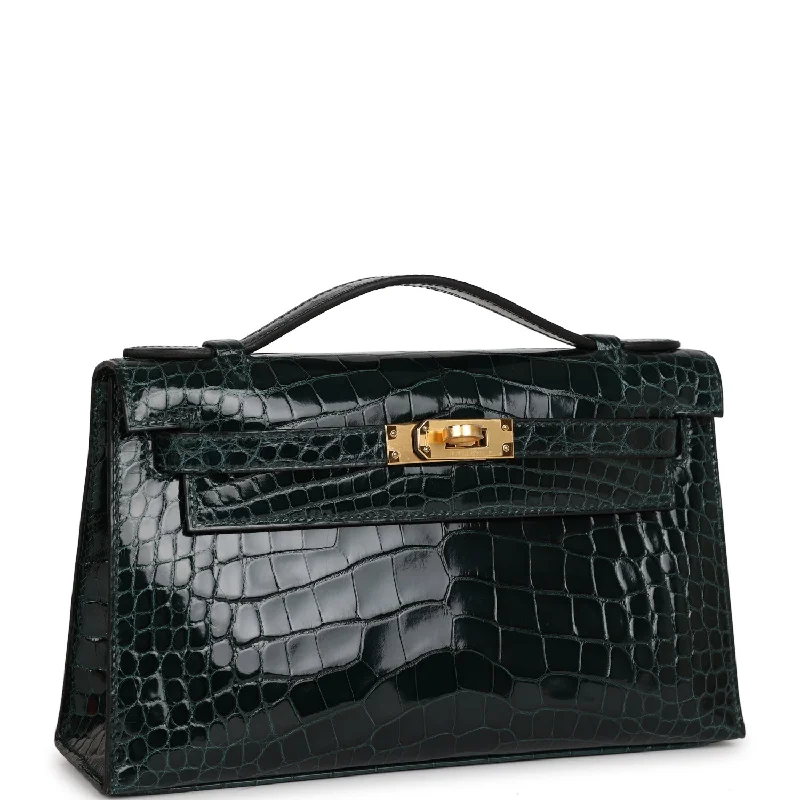 Two - Tone Hermes Bags for a Modern and Stylish AppearanceHermès Kelly Bags with a zip - top closure for added securityHermes Kelly Pochette Vert Cypress Shiny Alligator Gold Hardware