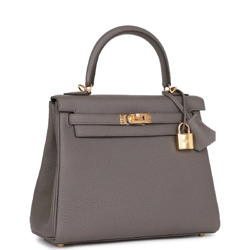 Two - Tone Hermes Bags for a Modern and Stylish AppearanceHermès Kelly Bags with a zip - top closure for added securityHermes Kelly Retourne 25 Etain Togo Gold Hardware