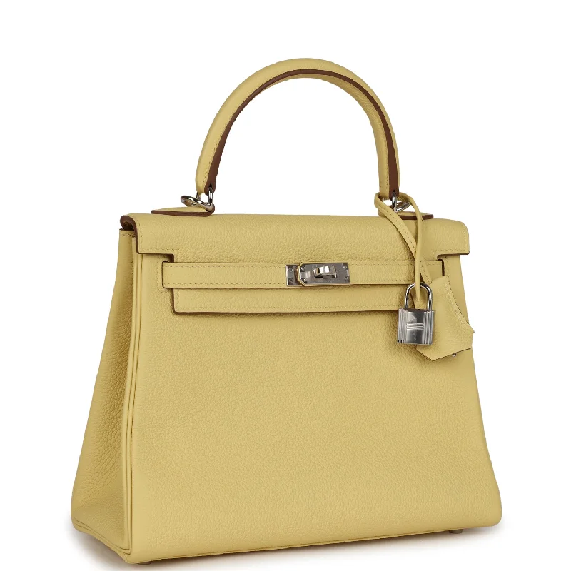 Hermes Bags with Adjustable Shoulder and Crossbody Straps·Hermes Kelly Retourne 25 Jaune Poussin Togo Palladium Hardware