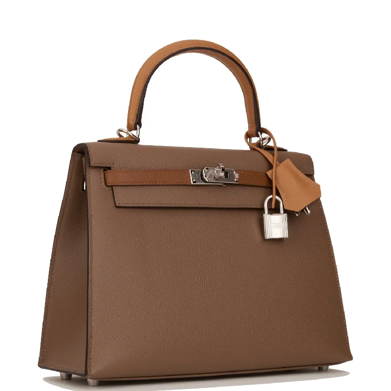 Hermes Bags with RFID - Blocking Linings for SecurityHermès Kelly Bags with a quilted leather exterior for a luxurious feelHermes Kelly Sellier 25 Tri-Color Etoupe, Alezan and Biscuit Epsom Palladium Hardware