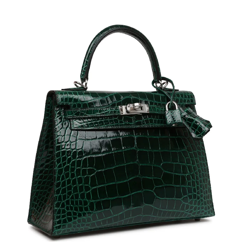 Hermes Bags with Interior Dividers and OrganizersHermès Kelly Bags with a snap - fastened front pocket for convenienceHermes Kelly Sellier 25 Vert Fonce Shiny Alligator Palladium Hardware