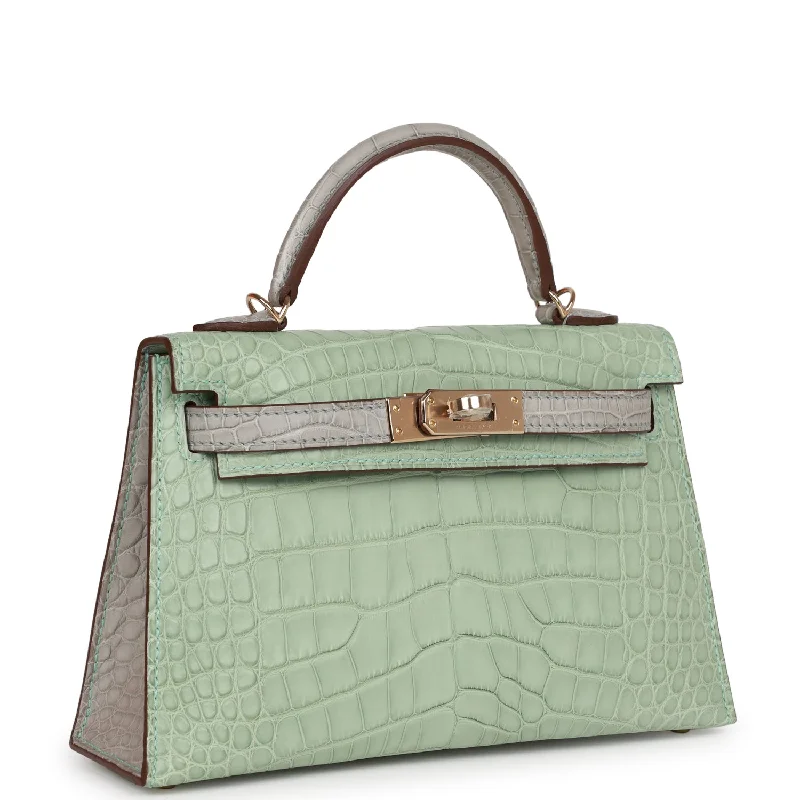 Stylish Hermes Kelly Bags with Custom - Engraved PlatesHermès Kelly Bags with a back - pocket for additional storageHermes Special Order (HSS) Kelly Sellier 20 Vert D'eau and Gris Perle Matte Alligator Permabrass Hardware