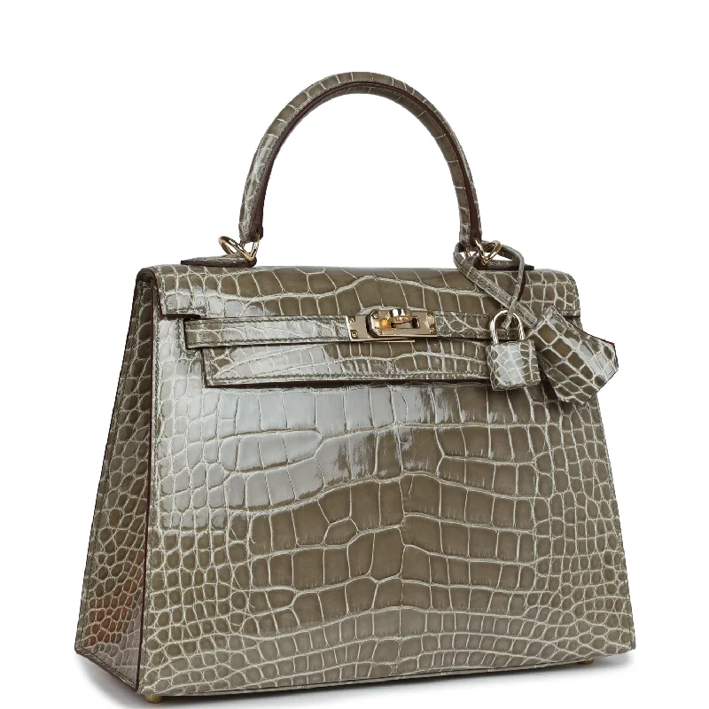 Embroidered Hermes Bags with Floral and Animal MotifsHermès Kelly Bags with a detachable keychain holderHermes Special Order (HSS) Kelly Sellier 25 Gris Tourterelle Verso Shiny Alligator Gold Hardware