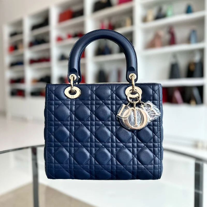 Contemporary Christian Dior handbags with a unique shape*No Strap* Lady Medium Lambskin Dark Blue GHW