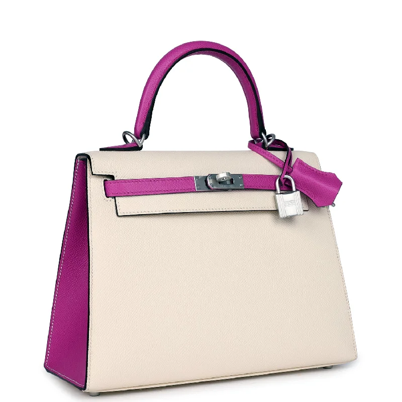 Soft - Handled Hermes So Kelly Bags for a Feminine TouchHermès Kelly Bags with a zip - around interior pocketHermes Special Order (HSS) Kelly Sellier 25 Nata and Rose Pourpre Epsom Brushed Palladium Hardware